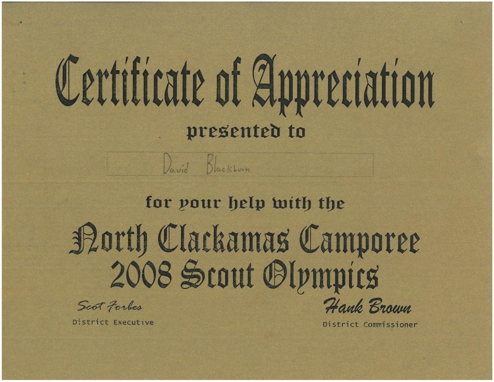 David B Certificate of Appreciation for Camporee NC 2008