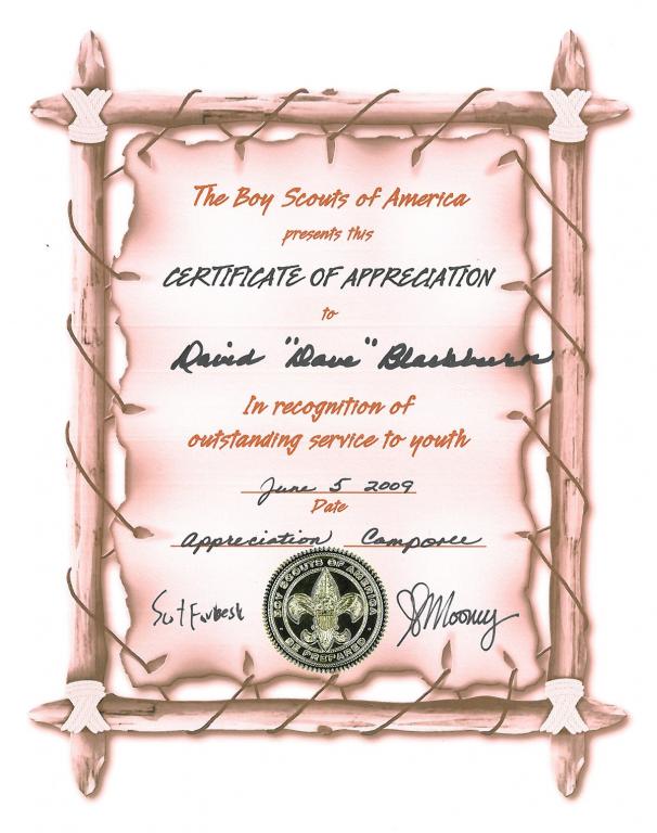 David B Certificate of Appreciation for Camporee NC 2009