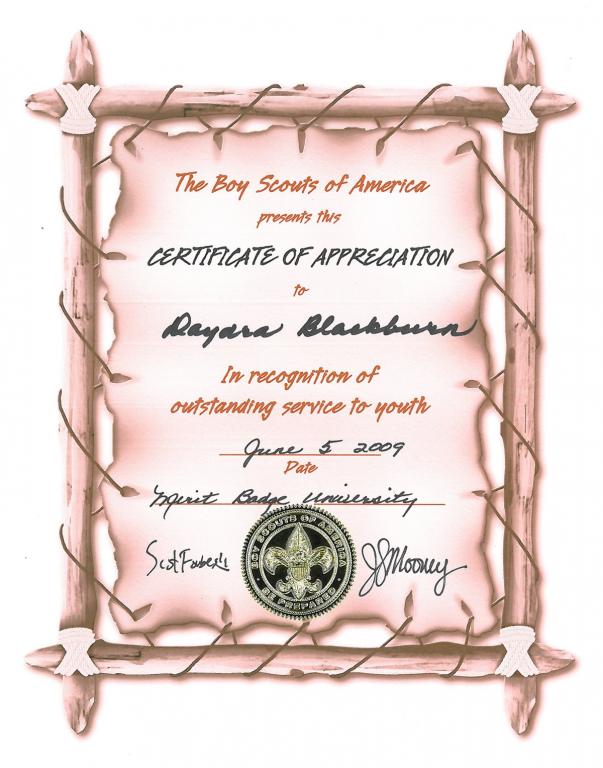 Daydra B Certificate of Appreciation MBU NC 2009